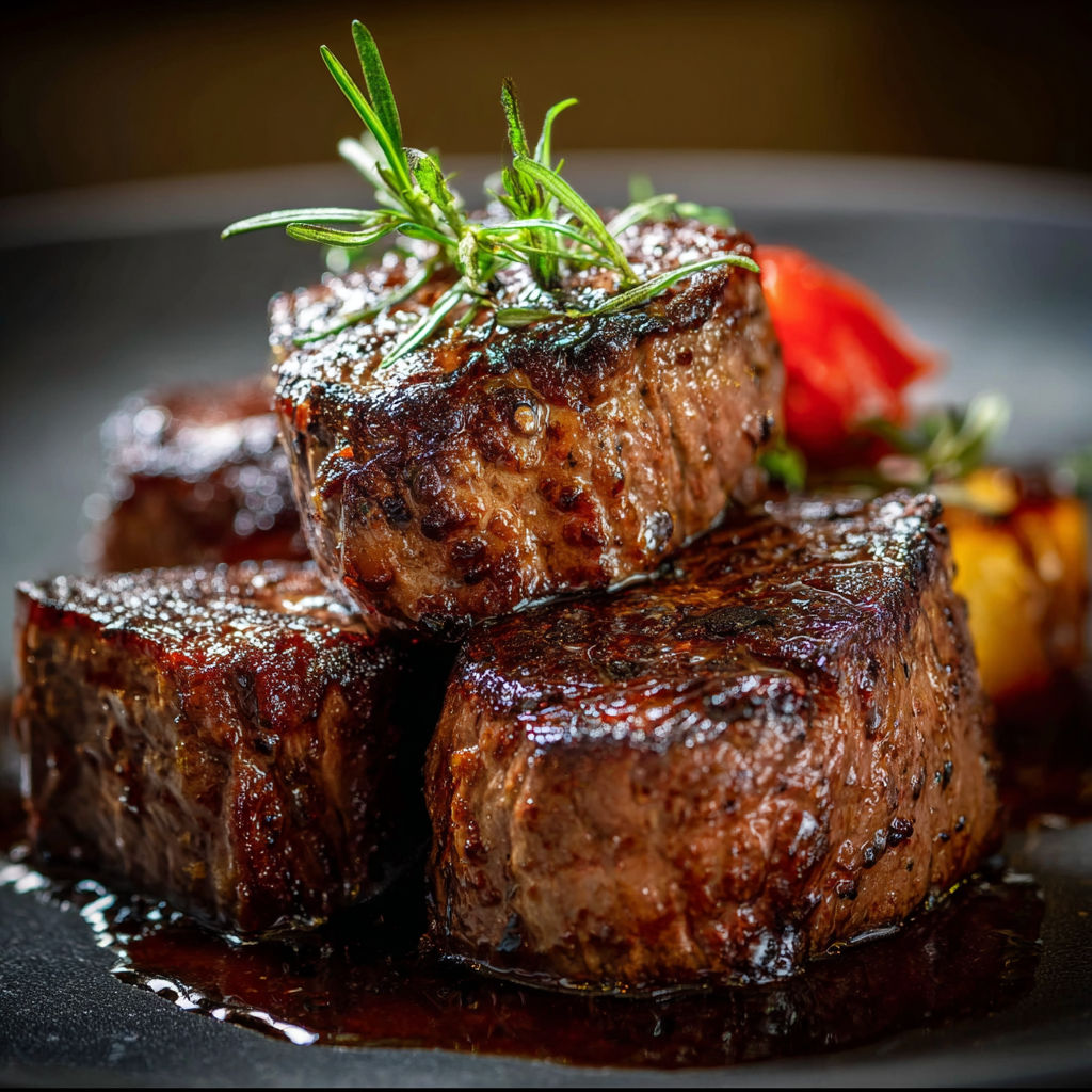 A plate of steak with herbs and spices on top, ready to be cooked.