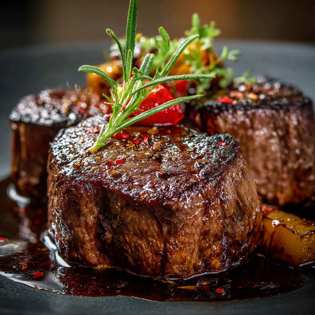 A delicious steak dinner with a side of herbs and tomatoes.