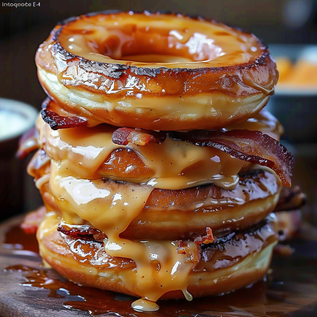 A stack of glazed donuts with bacon on top.