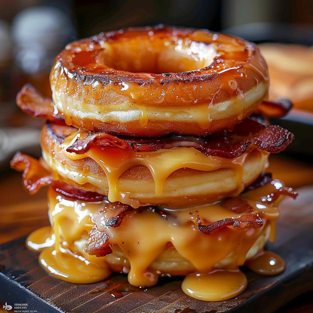 A stack of glazed donuts with bacon on top.