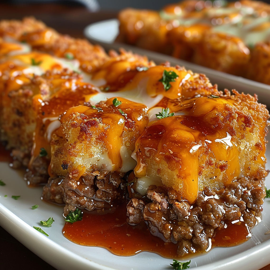 A delicious Cheesy Meatloaf Tater Tot is served on a white plate.