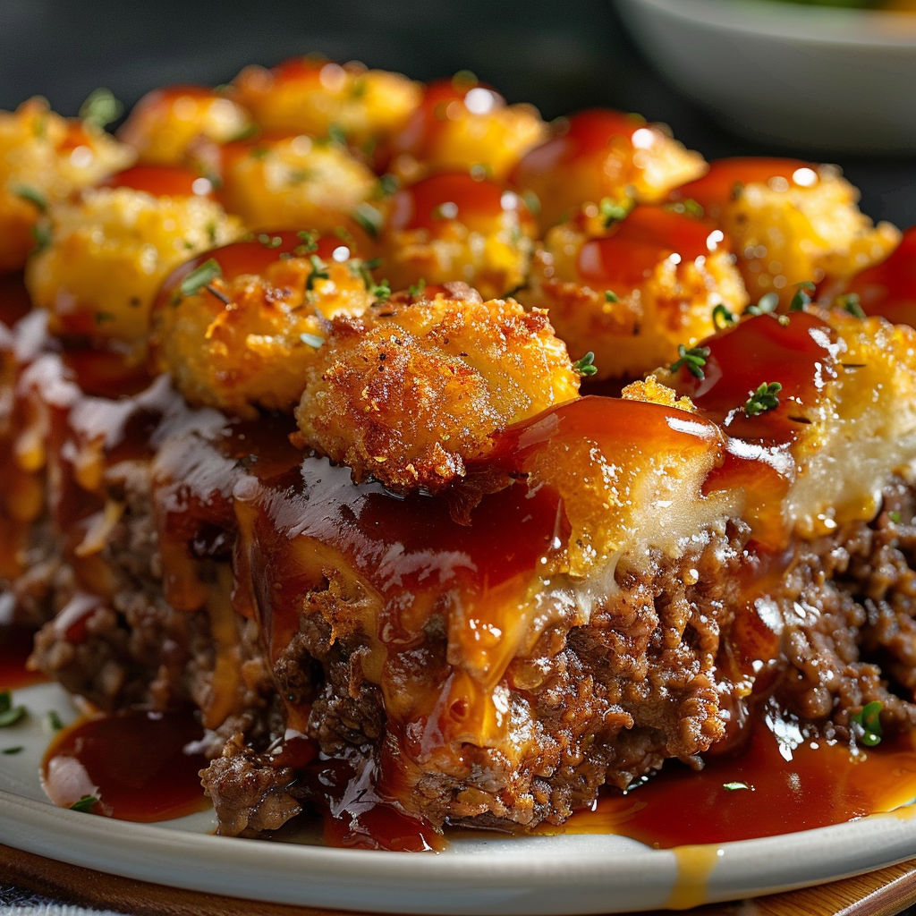 A delicious casserole dish with meat and cheese topped with a rich brown gravy.