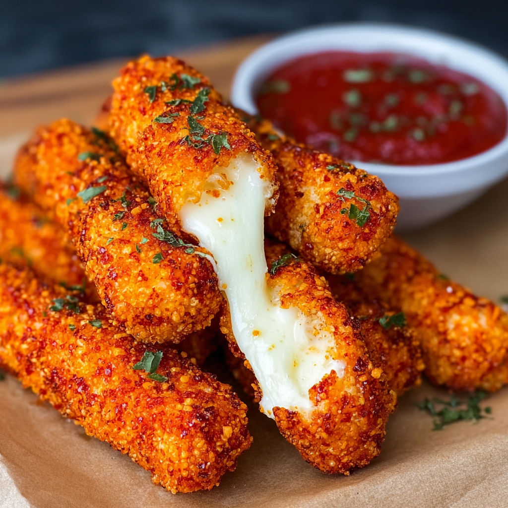 A delicious Hot Cheeto Mozzarella Sticks Recipe is displayed on a table with a bowl of sauce and a plate of cheese-covered sticks.