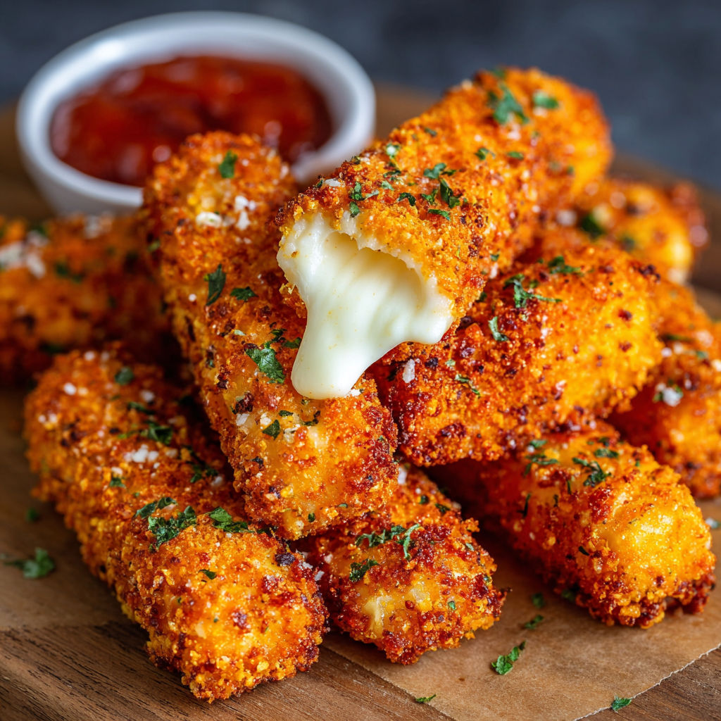 A close up of a delicious cheese and bacon covered onion ring.