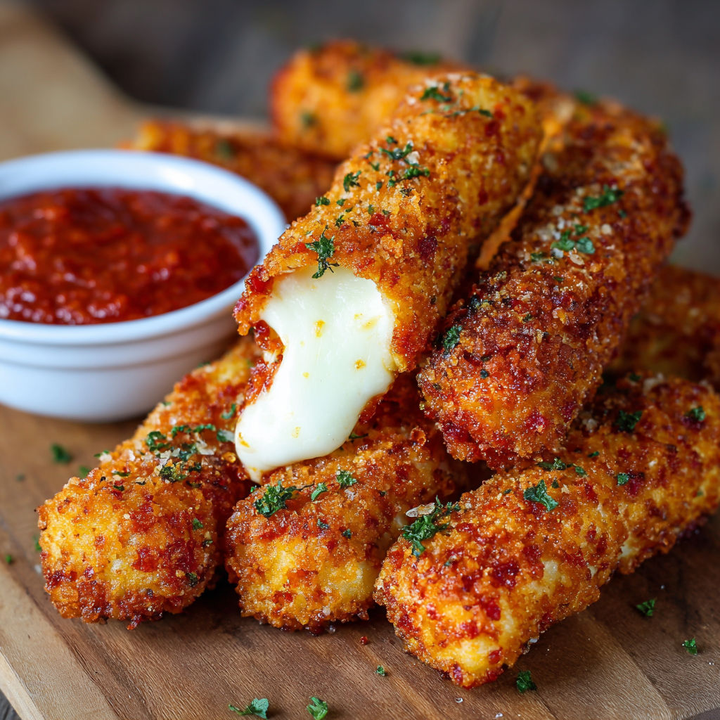 A bowl of cheese sticks with marinara sauce on a wooden table.