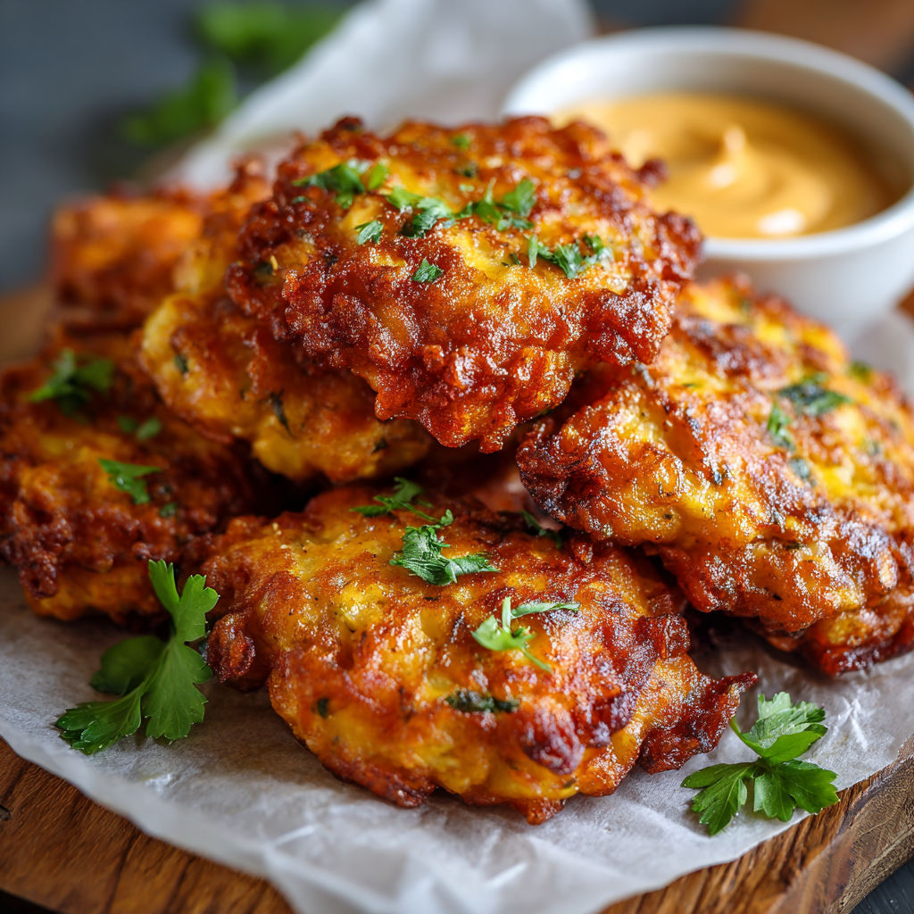 A plate of fried food, possibly chicken, is served with a side of dipping sauce.