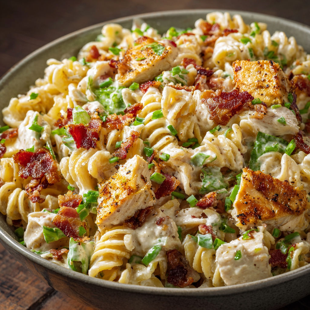A delicious Chicken Bacon Ranch Pasta Salad is served in a bowl.