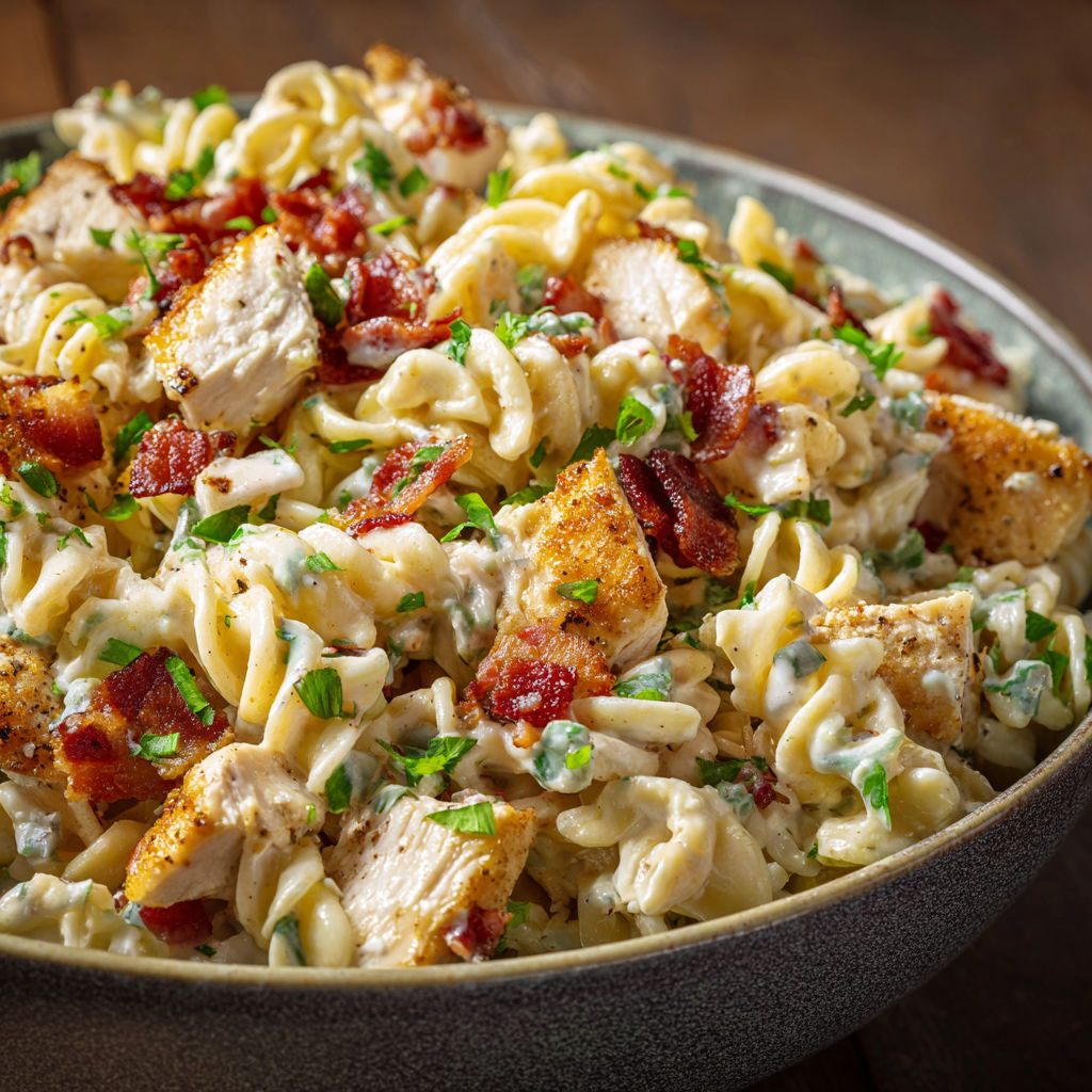 A bowl of pasta with chicken and bacon, topped with a creamy sauce.