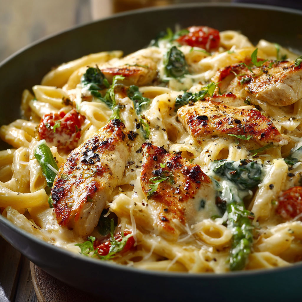 A delicious Chicken Mozzarella Pasta Recipe is served in a large bowl.