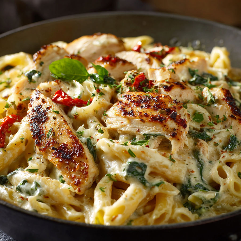 A delicious Chicken Mozzarella Pasta Recipe is served in a black bowl.