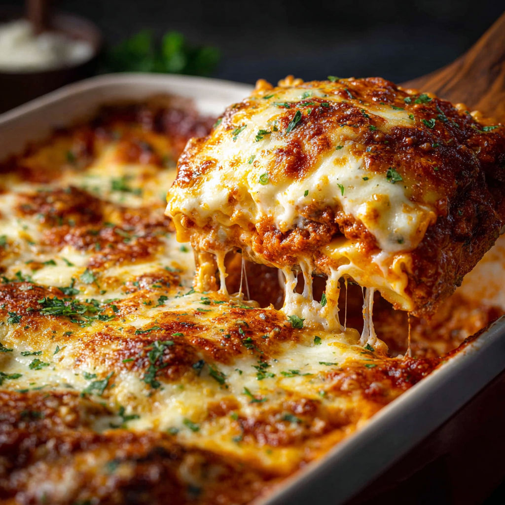 A slice of Ravioli Lasagna with cheese and herbs.