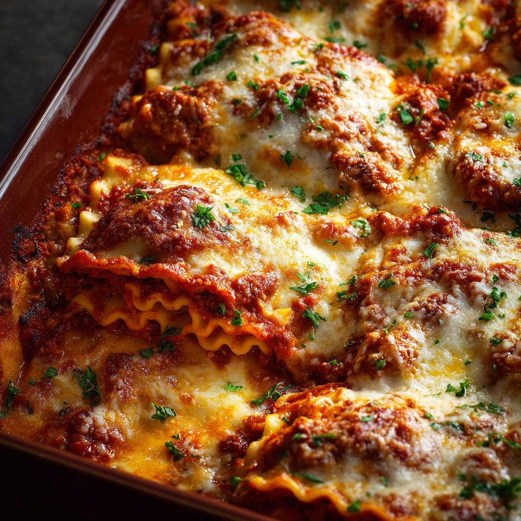 A dish of lasagna with a variety of toppings.