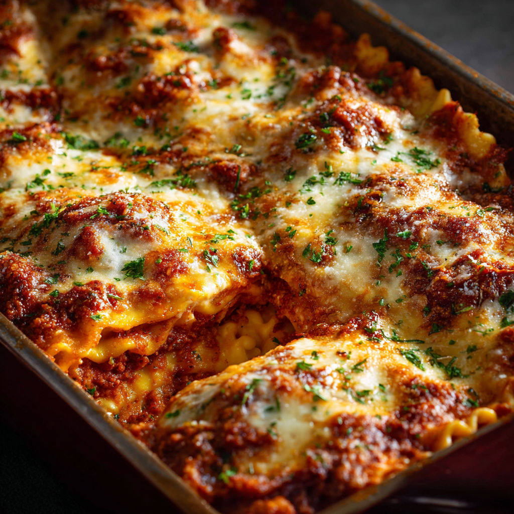 A pan of lasagna with a variety of toppings.