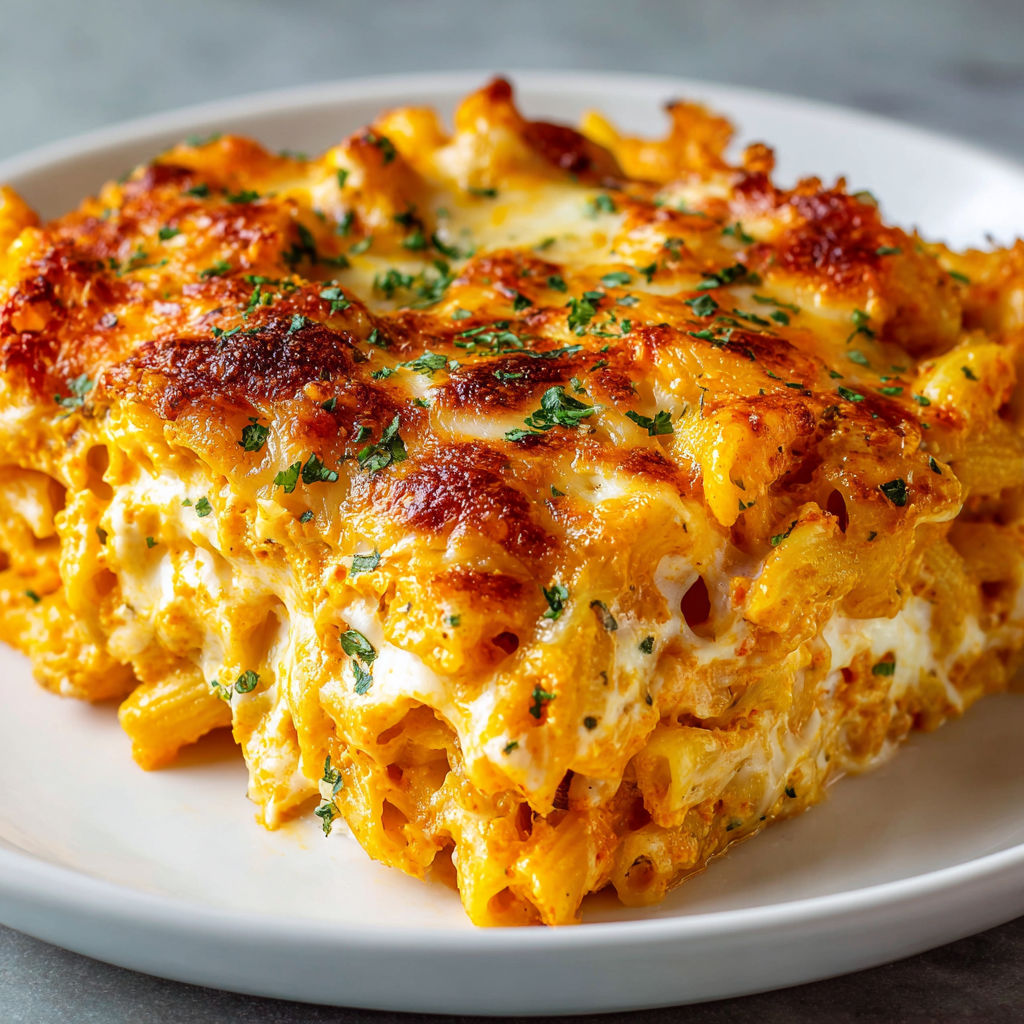 A plate of lasagna with a generous amount of cheese and herbs.