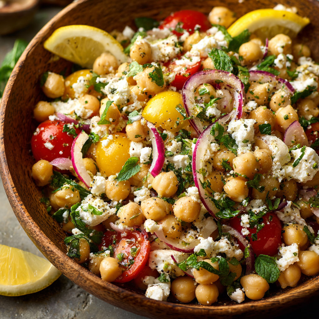 A bowl of chickpeas, tomatoes, onions, and lemon wedges, topped with feta cheese.