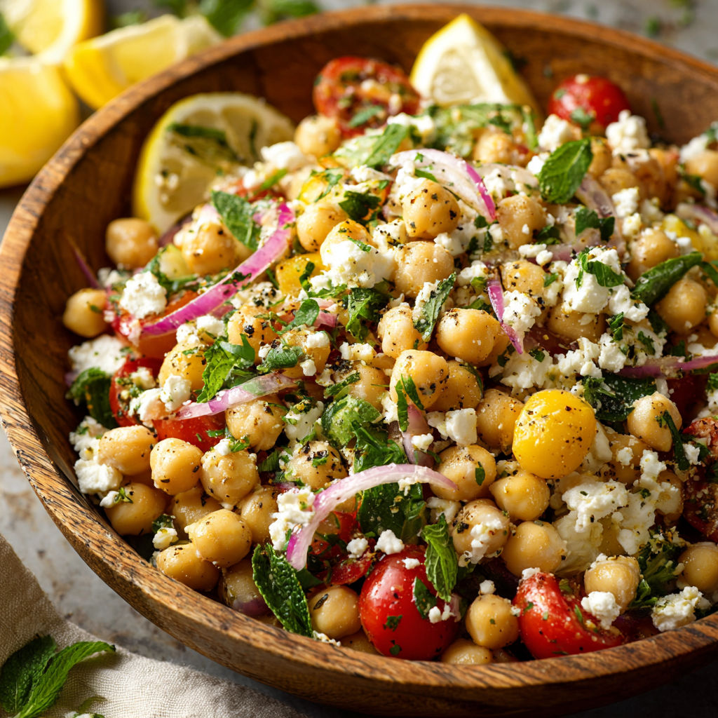 A bowl of fresh vegetables, including tomatoes, cucumbers, and beans, is topped with feta cheese and lemon wedges.