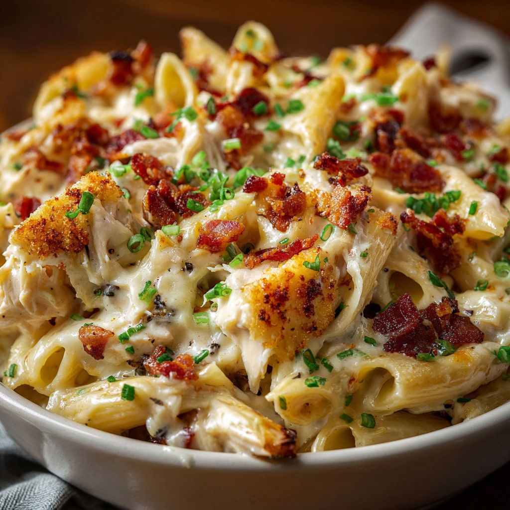 A bowl of pasta with chicken and bacon toppings.