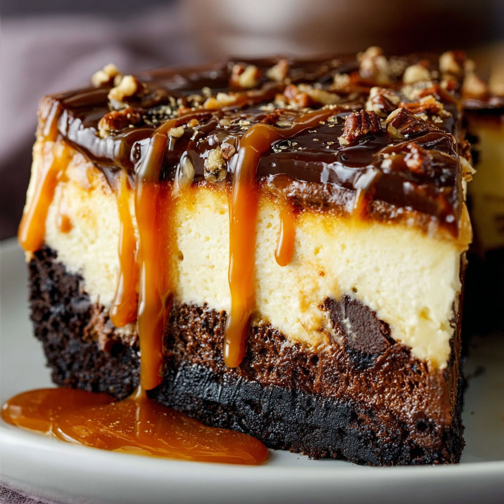 A slice of Caramel Brownie Cheesecake with drizzled caramel sauce.