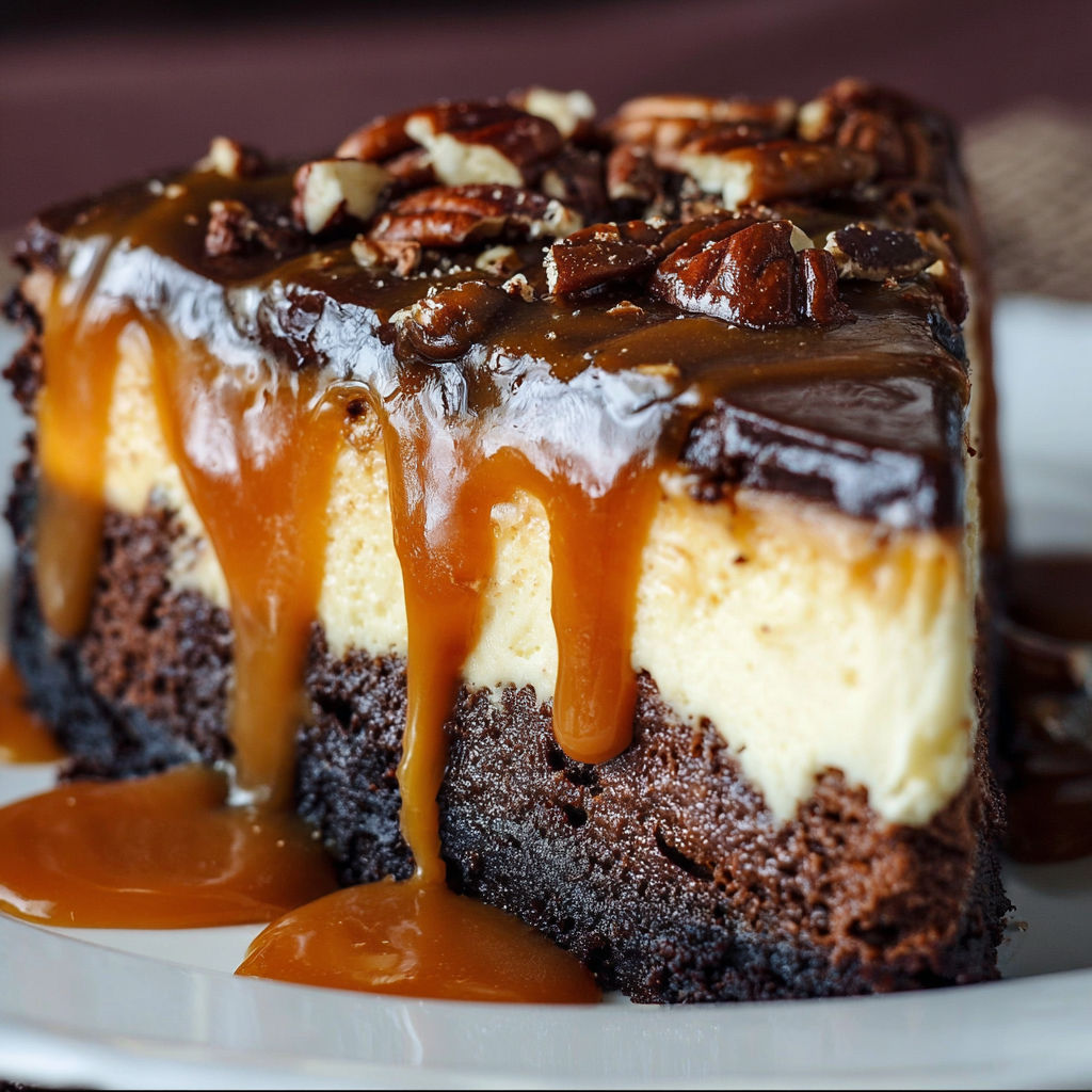 A slice of chocolate cake with caramel drizzle and pecans on top.