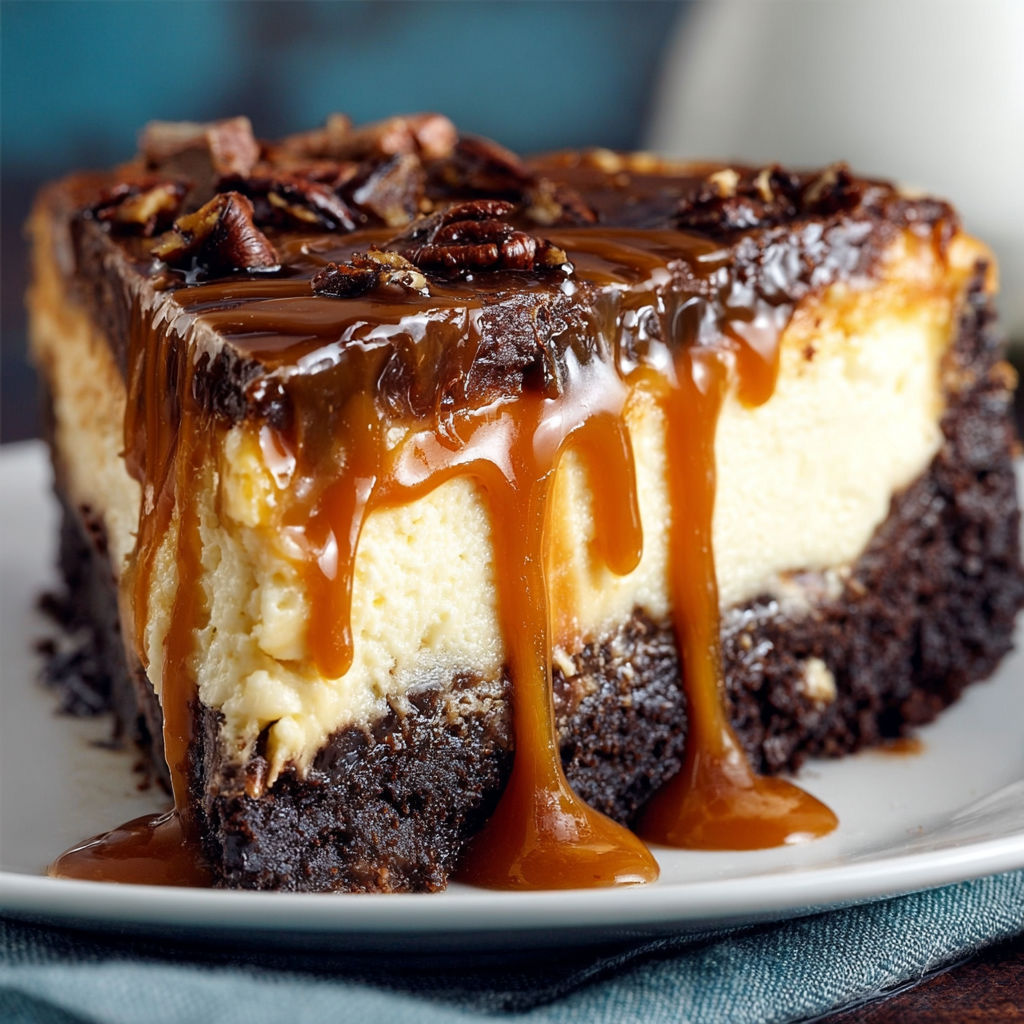 A slice of chocolate cheesecake with caramel drizzle on a white plate.