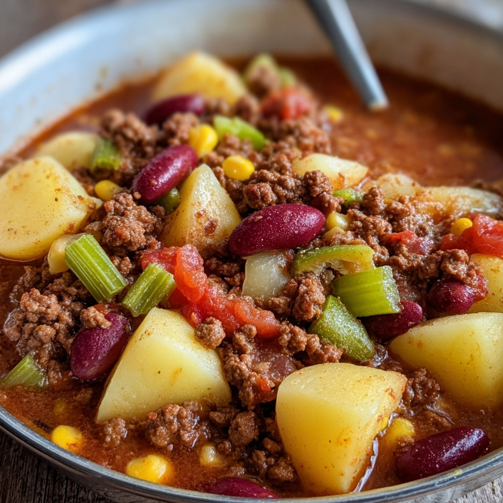 A bowl of beef stew with potatoes, tomatoes, and beans.