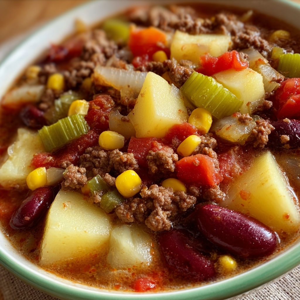 A bowl of chili with beans, corn, and meat.