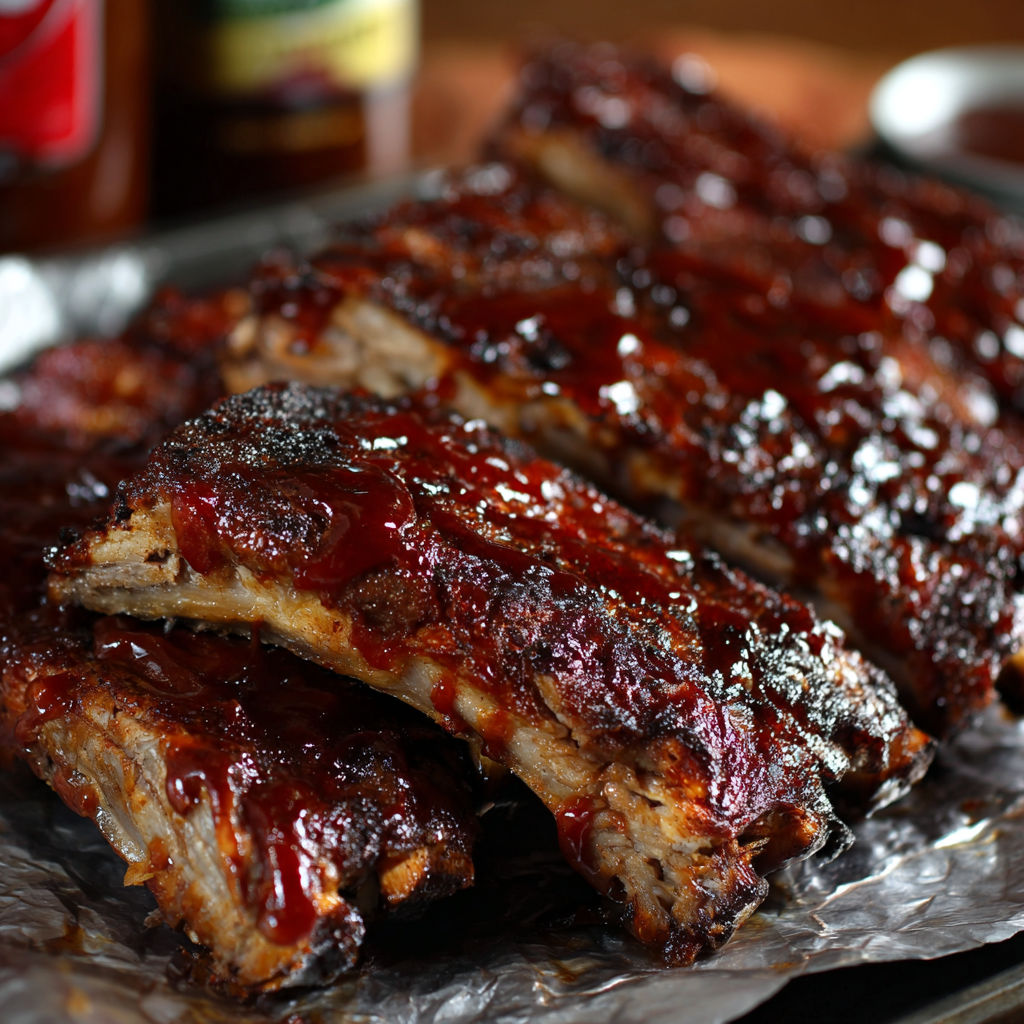 A delicious BBQ ribs recipe with a bottle of sauce and a spoon.