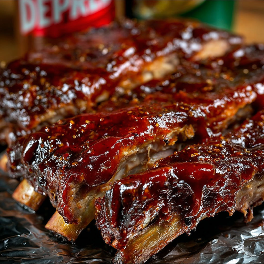 A close-up of BBQ ribs on a black tray, with a bottle of sauce nearby.