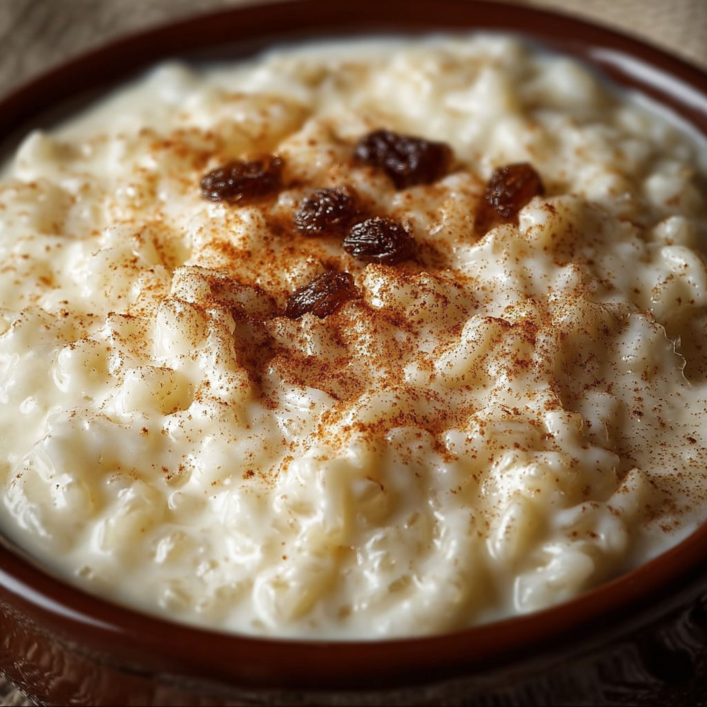 A bowl of rice pudding with cinnamon and raisins on top.
