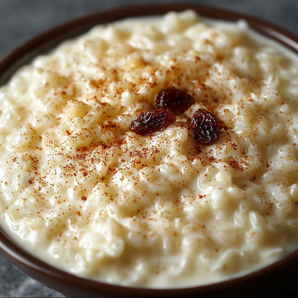 A bowl of rice pudding with raisins on top.