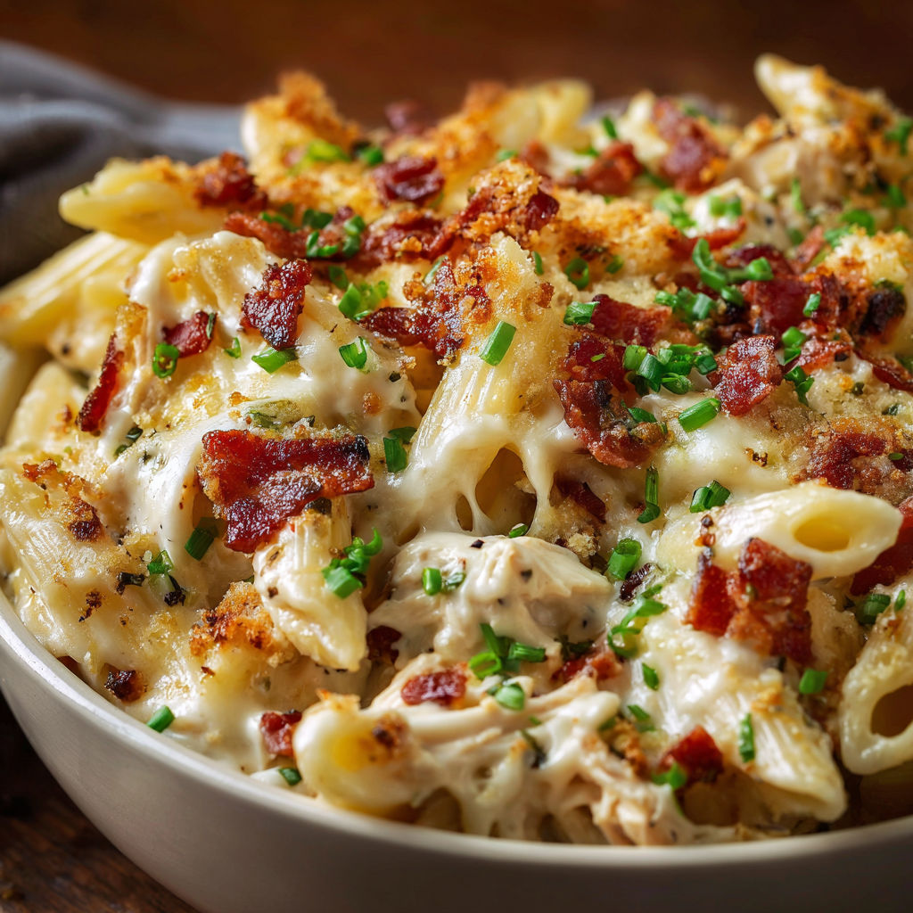 A bowl of pasta with bacon and cheese, topped with green herbs.