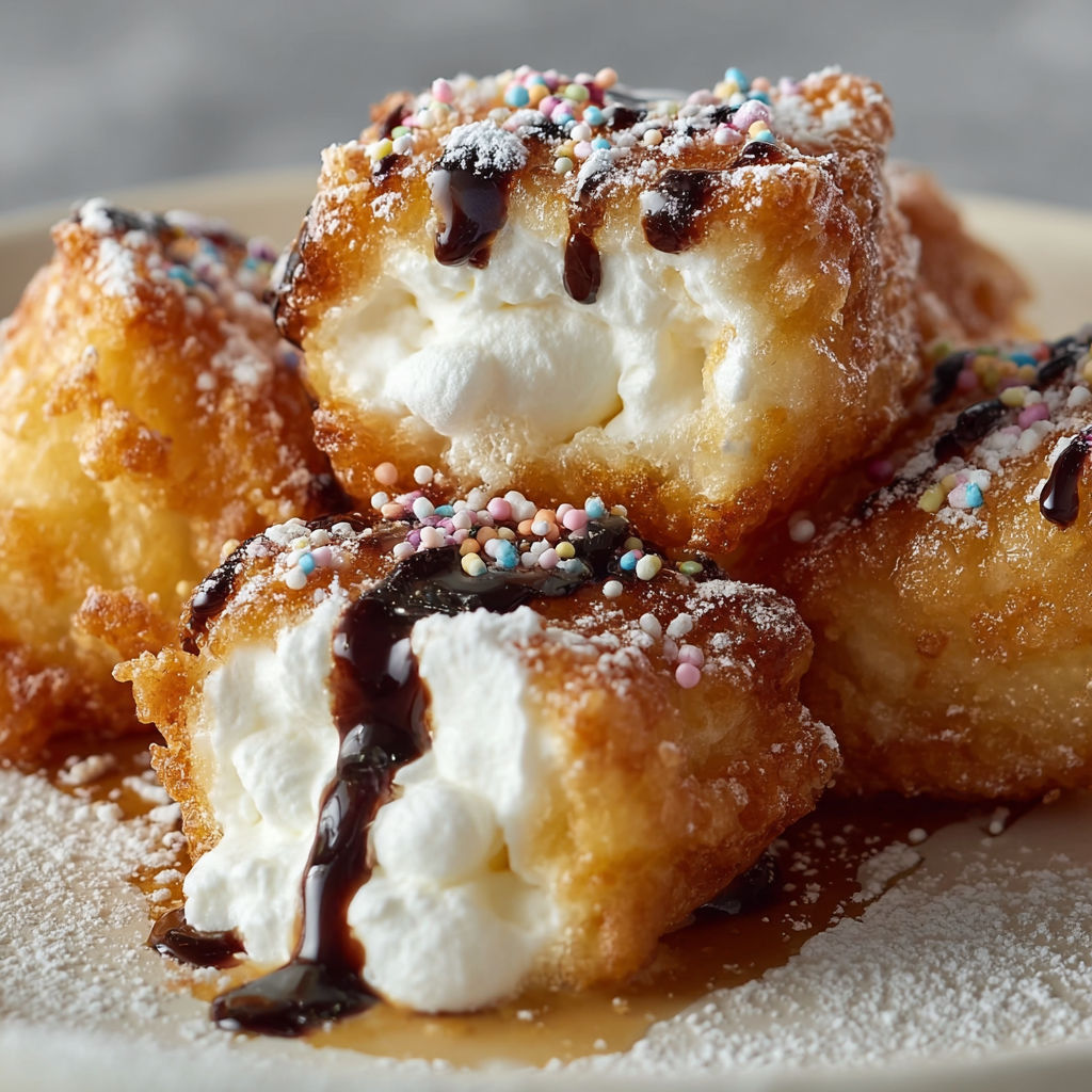 A plate of deep fried marshmallows covered in chocolate and whipped cream.