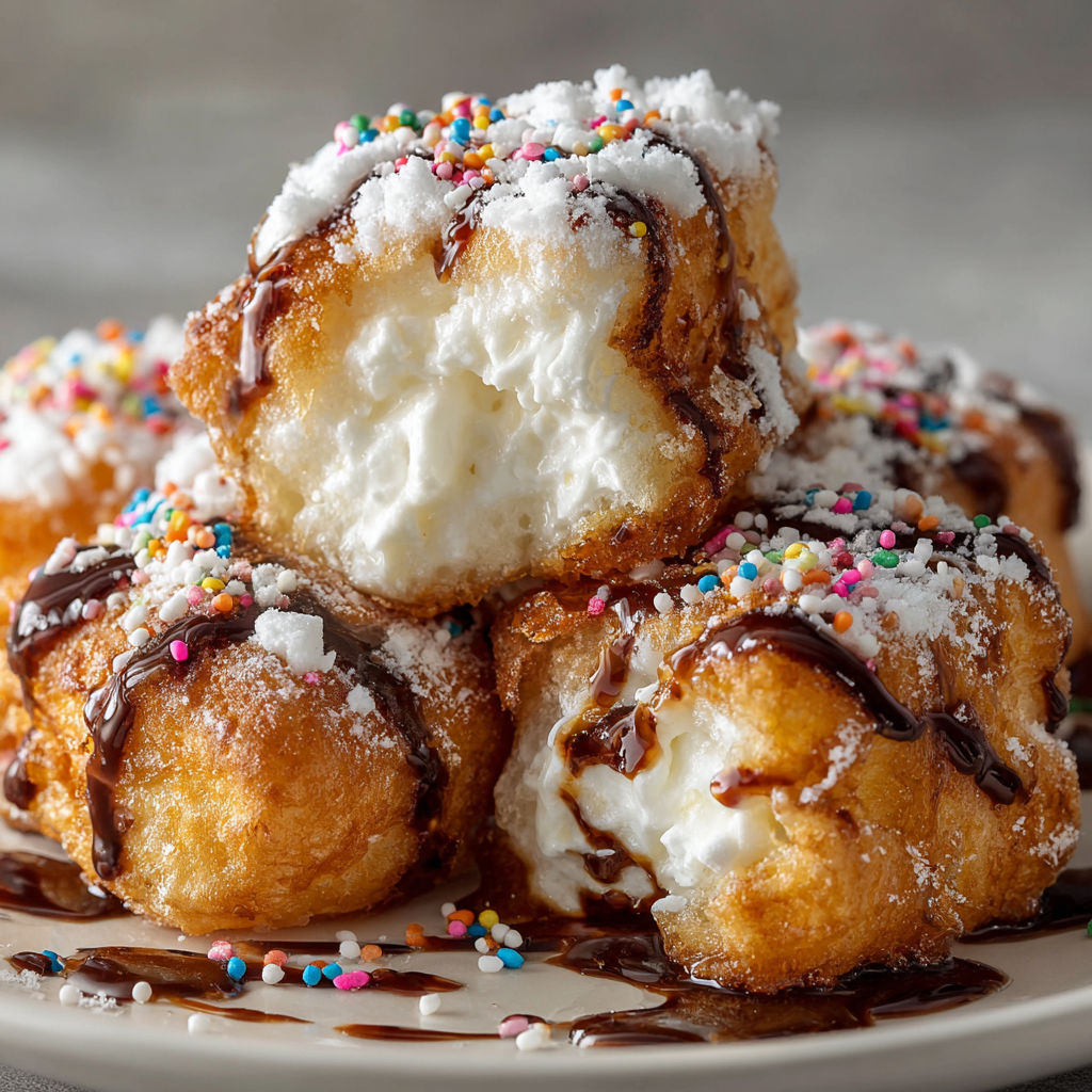 A plate of deep fried marshmallows covered in chocolate sauce and sprinkles.