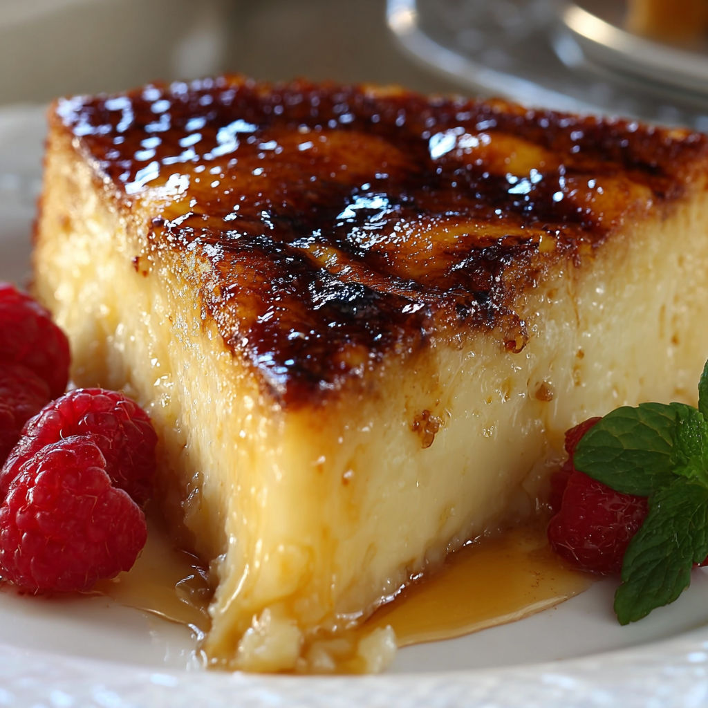 A slice of Crème Brûlée Cheesecake is served on a plate with a raspberry garnish.