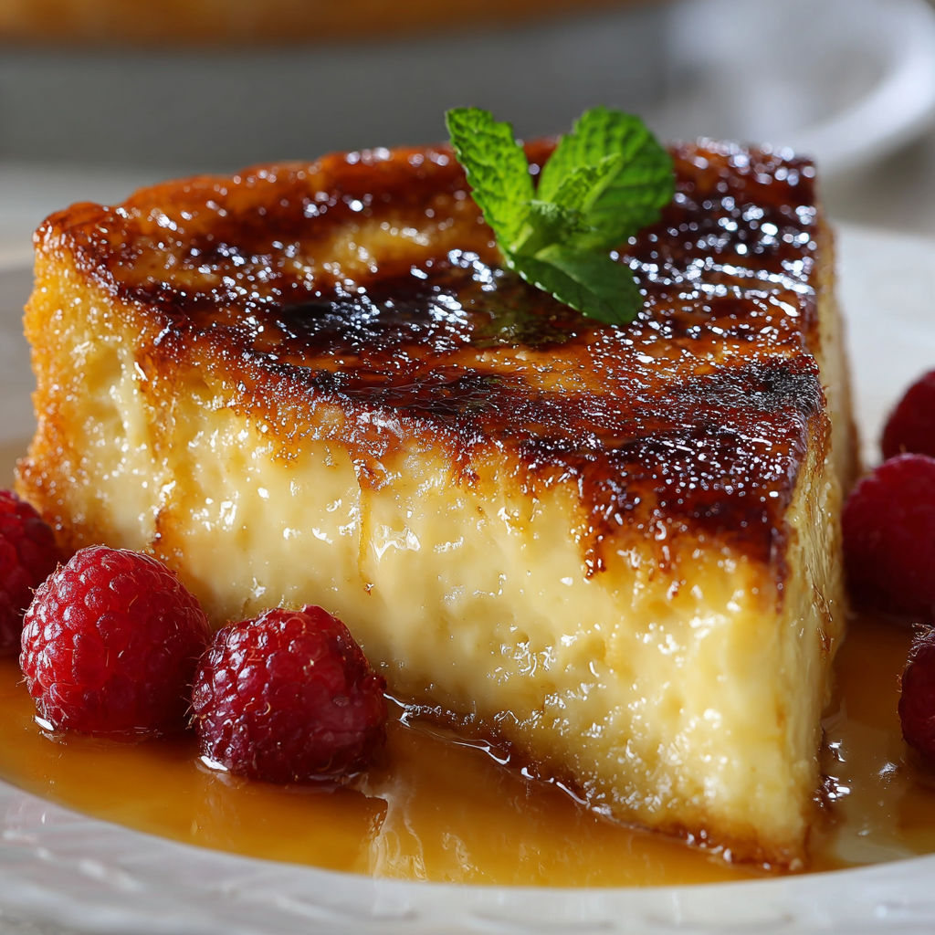 A slice of Crème Brûlée Cheesecake with a mint leaf on top.