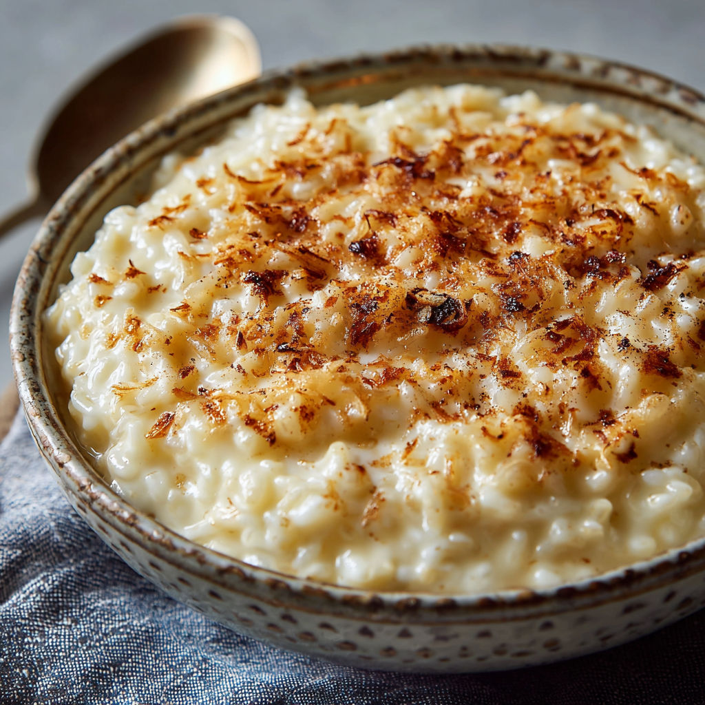 A bowl of rice pudding with a spoon in it.