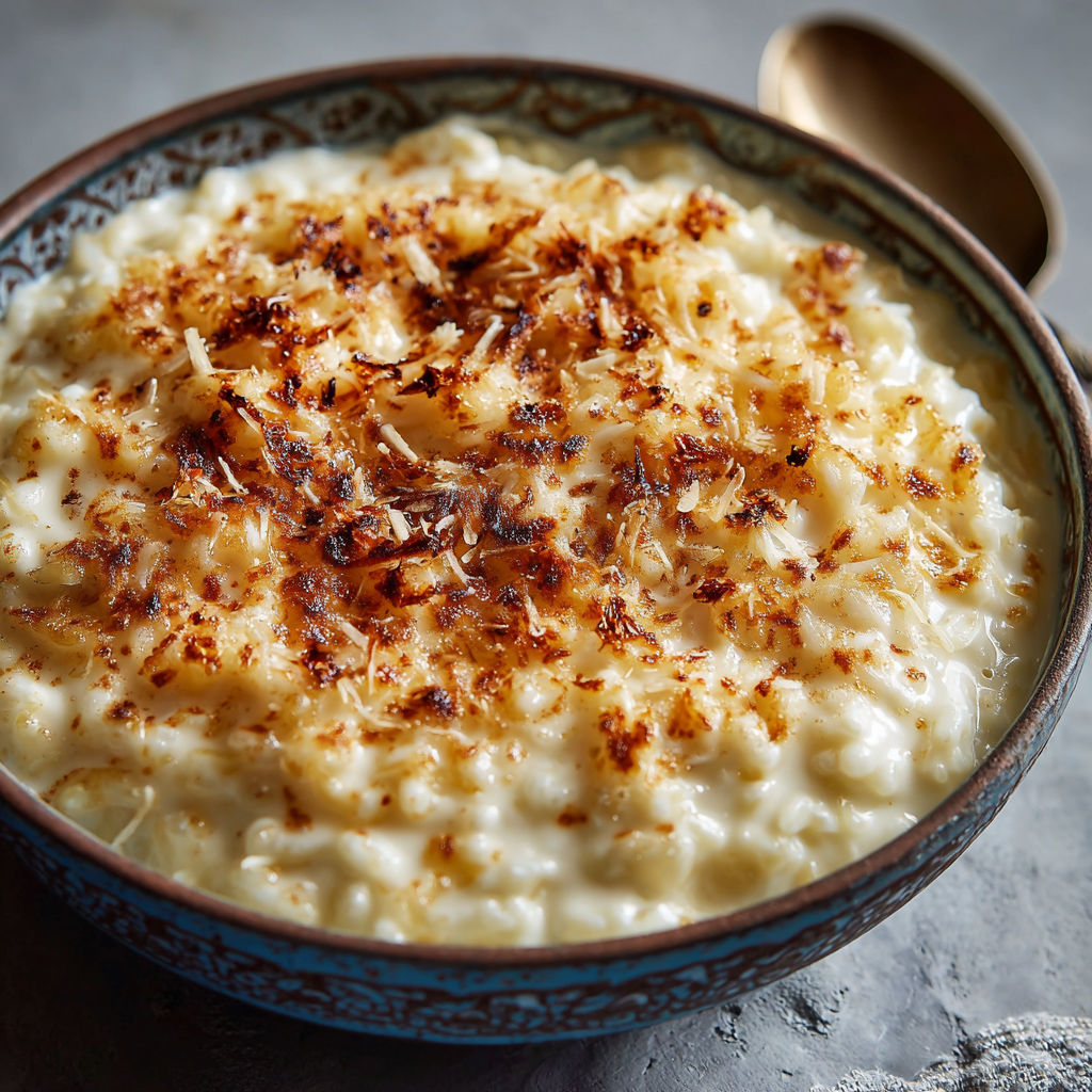 A bowl of creamy, cheesy, and crispy food, possibly a casserole or a baked dish, is served in a blue bowl.