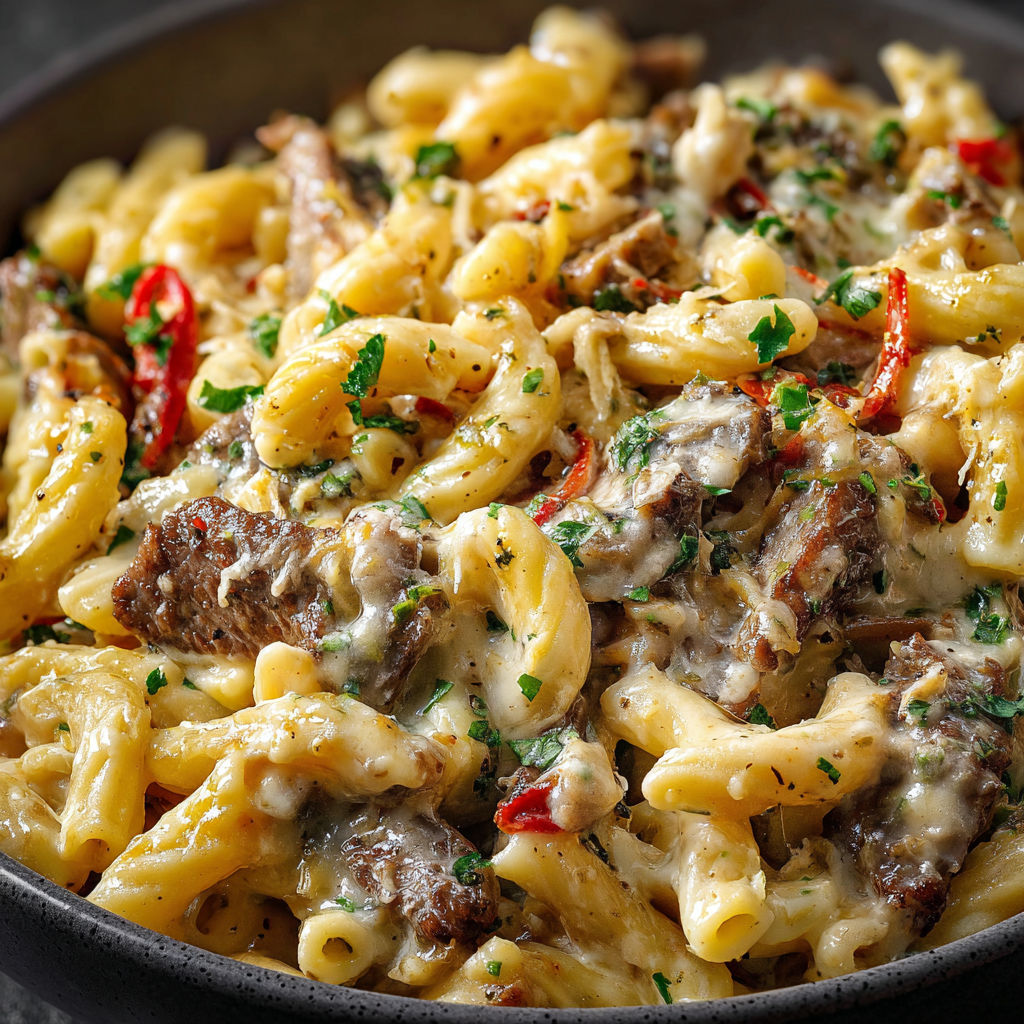 A delicious Philly Cheesesteak Pasta Recipe is served in a bowl, featuring a generous amount of cheese and meat.