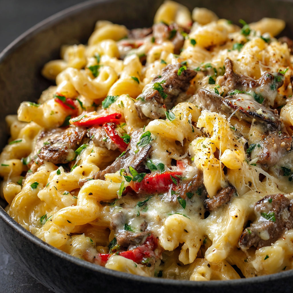 A bowl of pasta with meat and cheese, likely a Philly Cheesesteak Pasta Recipe.