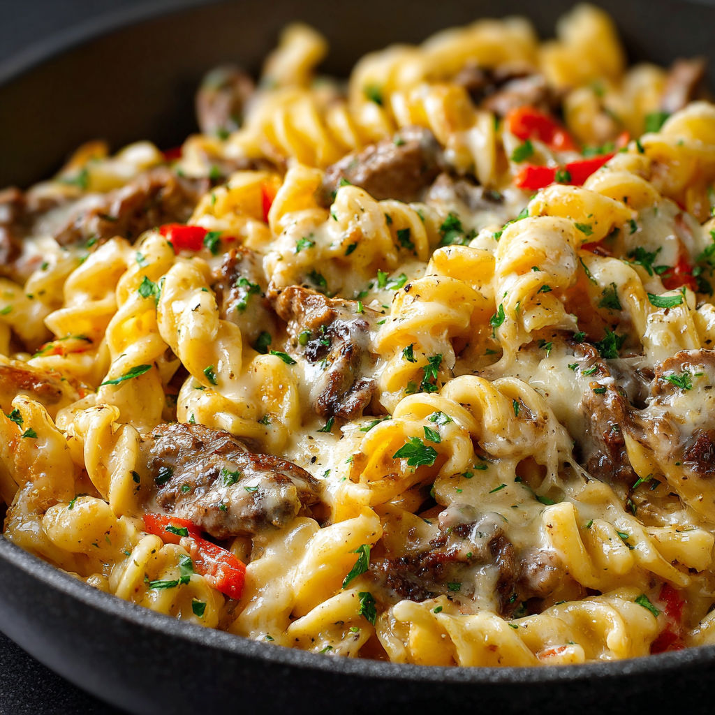 A delicious Philly Cheesesteak Pasta Recipe is served in a black bowl.