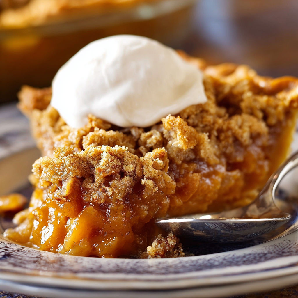 A slice of Pumpkin Crisp with a dollop of whipped cream on top.