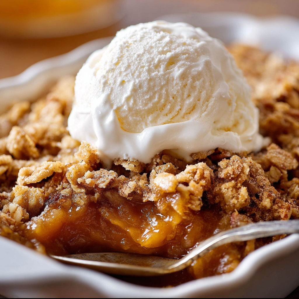 A delicious dessert made with a crumbly topping and a scoop of ice cream.