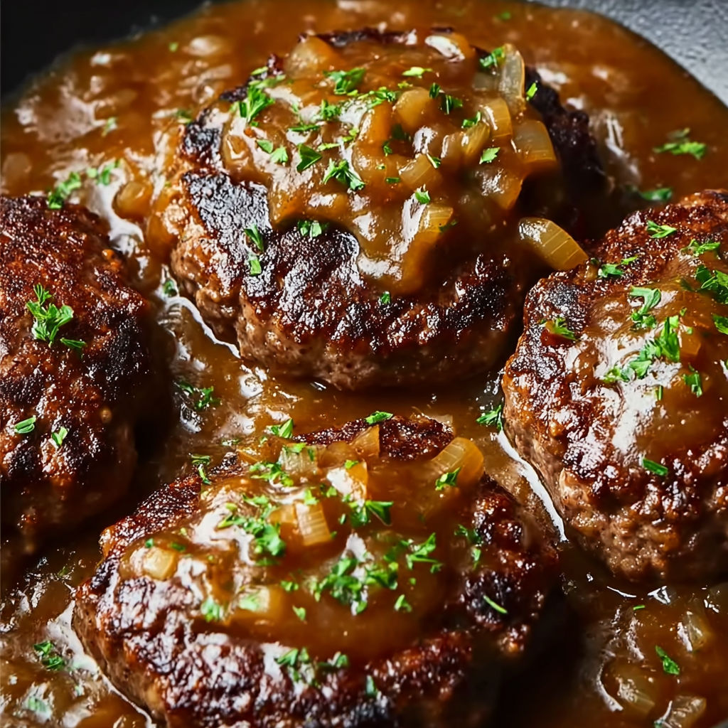A close up of a delicious smothered hamburger steak, covered in a rich and flavorful sauce.