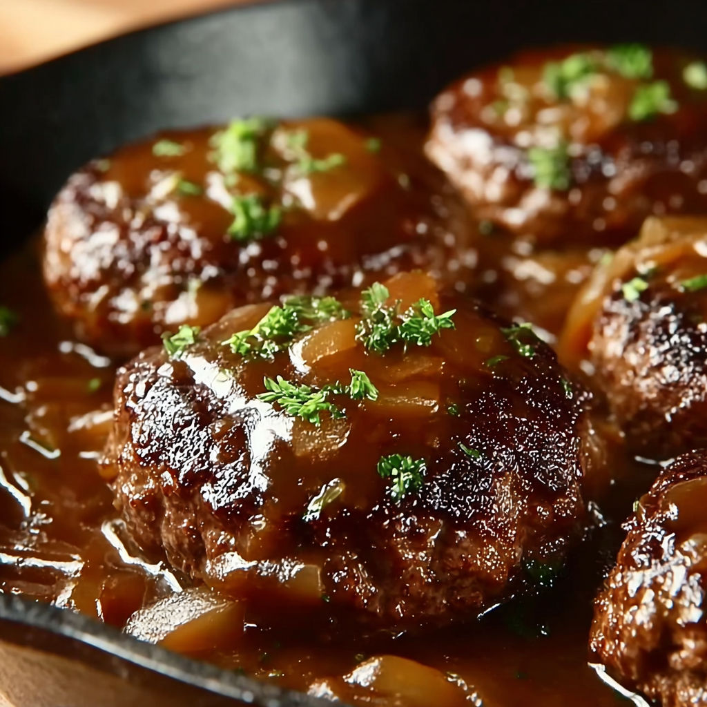 A delicious meal of smothered hamburger steaks in a savory sauce.