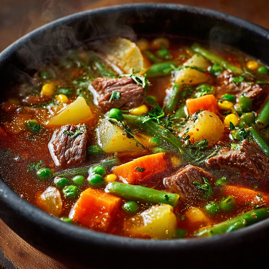 A bowl of beef stew with vegetables and peas.