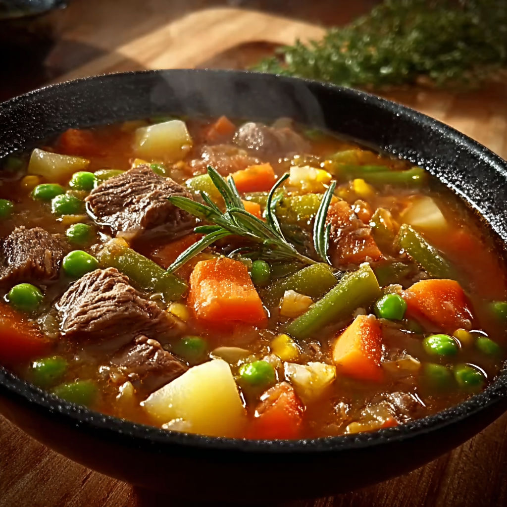 A bowl of beef stew with vegetables and herbs, including carrots and peas.