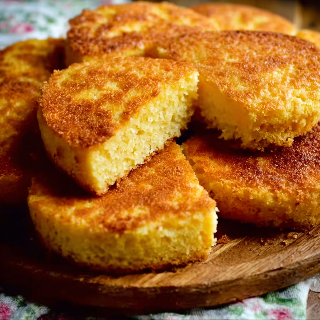 A plate of cornbread slices on a wooden cutting board.