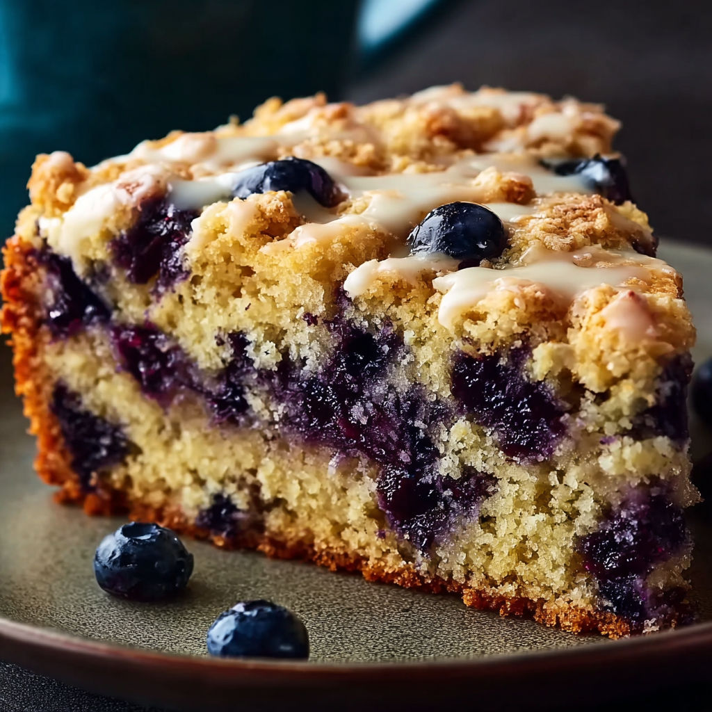 A slice of Blueberry Buttermilk Breakfast Cake on a plate.