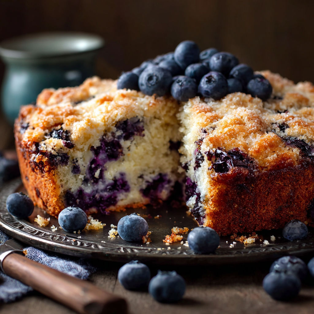 A slice of blueberry cake is displayed on a plate, with a knife and a cup nearby.