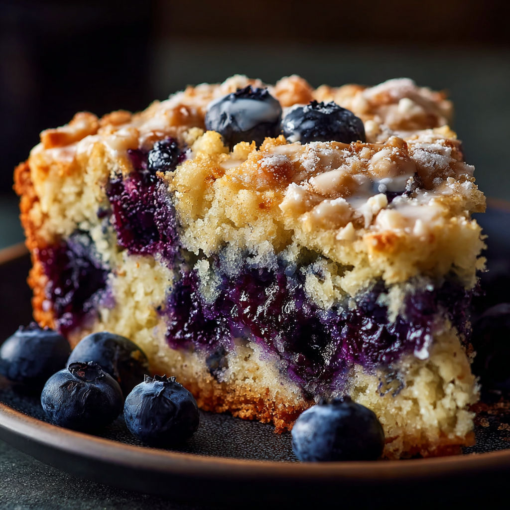 A slice of blueberry cake on a plate.